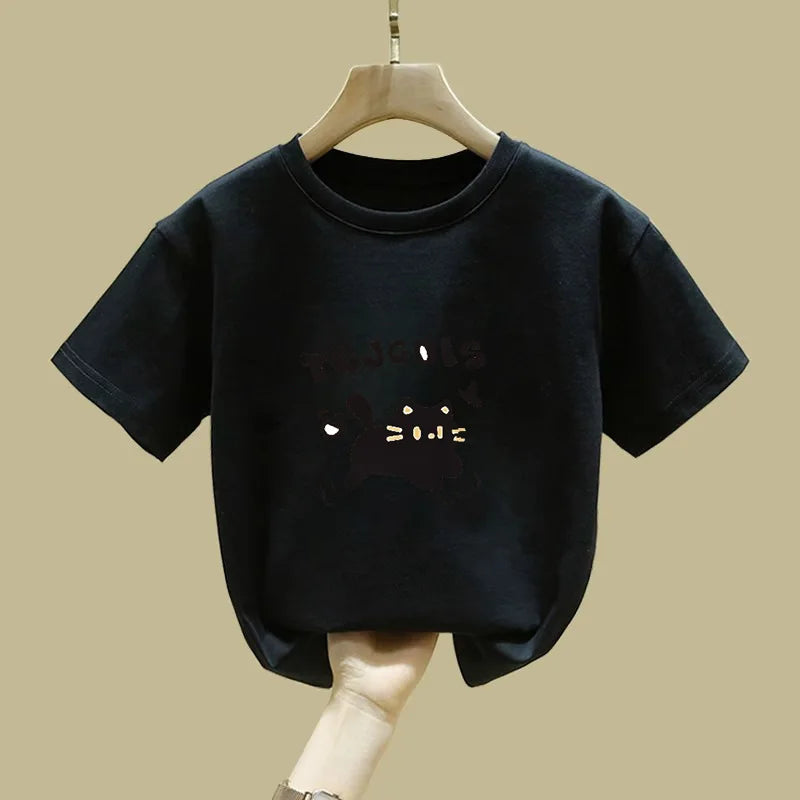 Cute Cat Design Childrens Short Sleeve T Shirt Summer Fashion Top for Girls Kids Clothes