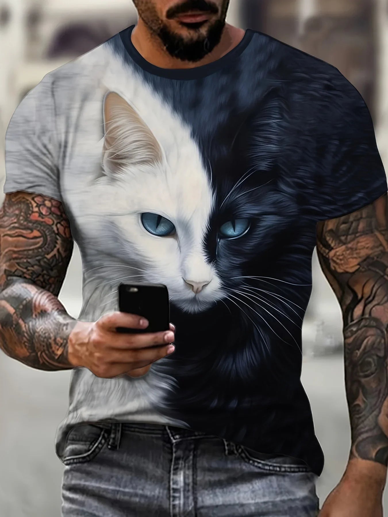 Funny Cartoon Cat Pattern T Shirt For Men Animal Graffiti 3D Printed T-Shirts Summer Casual Short Sleeve Tees Round Neck Tops