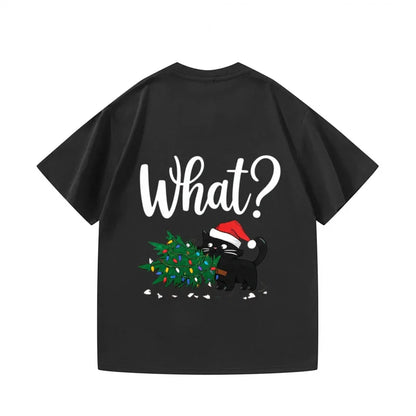 Men's T-Shirt Black Cat with Christmas Tree & What? Print Xmas Party Gift Idea Festive Season Top