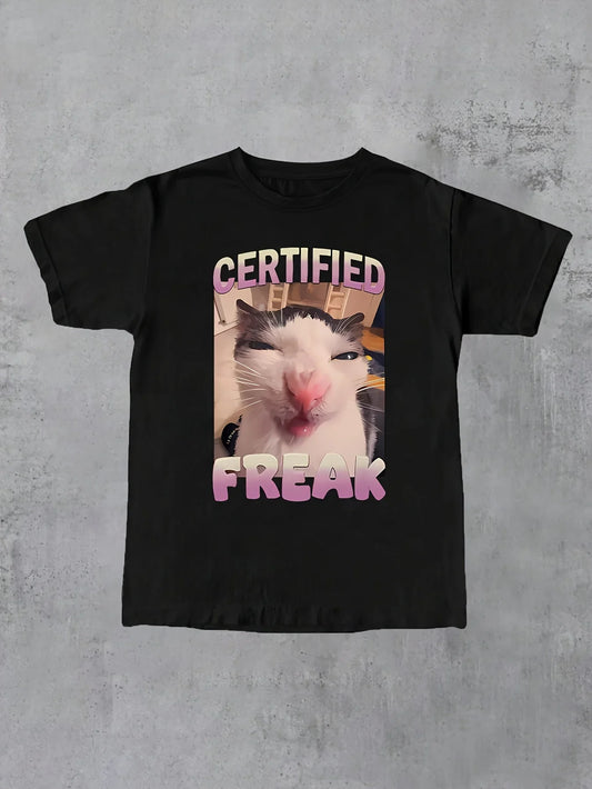 Men's Funny Cat Print T-shirt Casual Style "certified Freak" Print Unisex Tee Breathable Comfortable Street Hip Hop Men's Wear