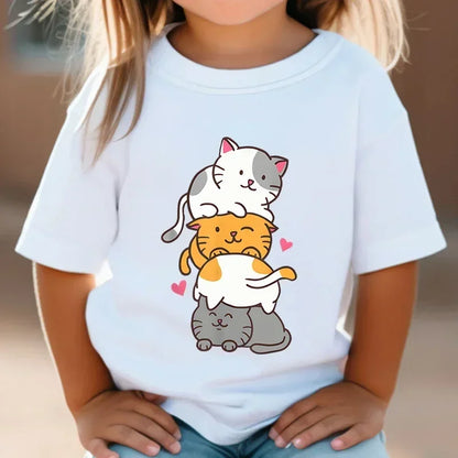 Cute Cat Graphic Kids Tshirts Summer Short Sleeve Tees Cartoon Animal Boys Girls Clothes Kawaii Kitten Tops Y2K Children T-shirt