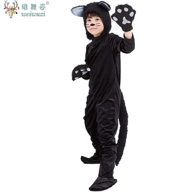 Children's Day Black Cat Cosplay Kids Costume Cute Kitten Animal Onesie Gloves Hat Suit Suitable for Stage Show Halloween Party