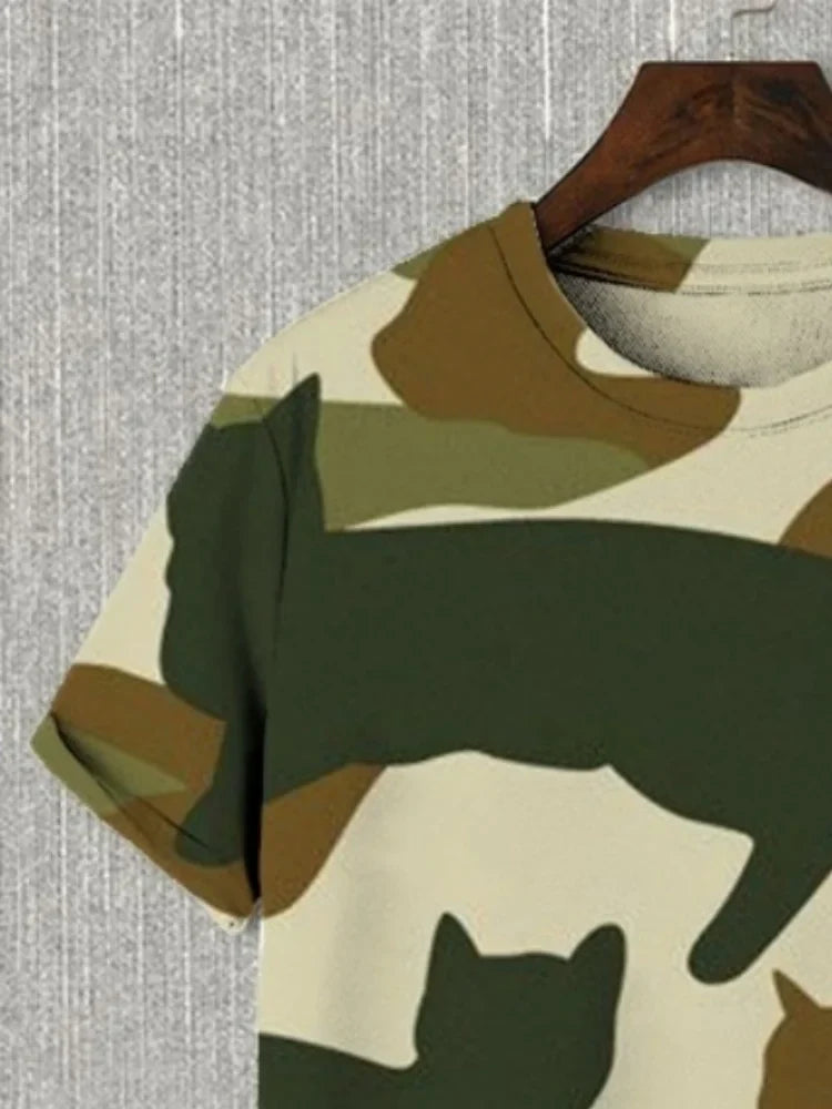 Men's Camo Cat Art Print T-Shirt Fashion Streetwear Short Sleeve Tees Summer 2025 Harajuku Oversized Crew Neck Tops Tunics