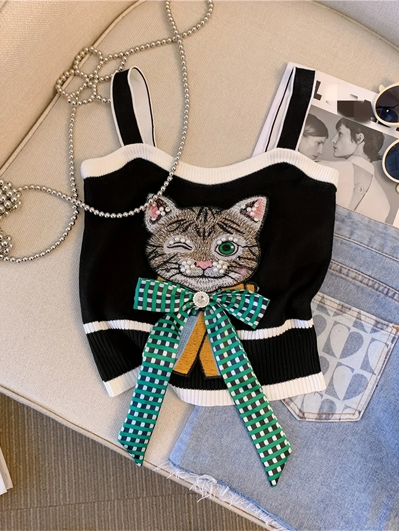 2026 Femali Cat Embroidered Knitted Cami Top Women Y2K Sleeveless Crop Top For Spring & Summer Women's Clothing