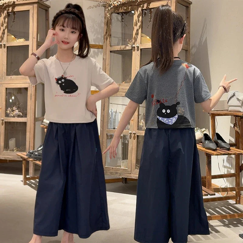 Girls Clothing Set Cartoon Cat Print T-shirt+Straight Through Pants 2Pcs Suit For 2-8 Years Kids Casual Outfit 2025 Summer New