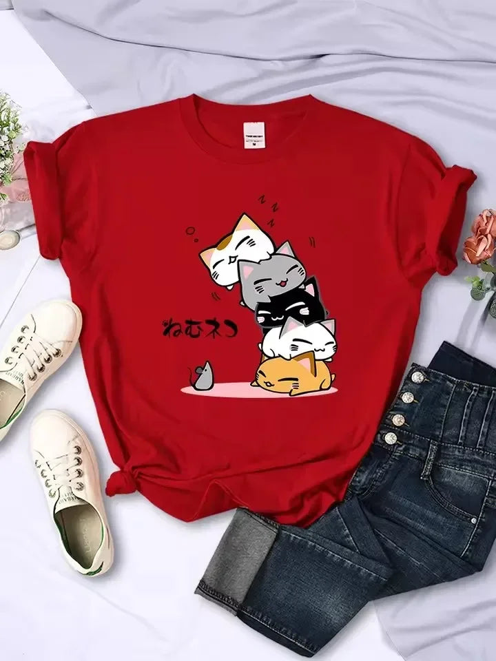 Cute Cat Graphic Kids Tshirts Summer Short Sleeve Tees Cartoon Animal Boys Girls Clothes Kawaii Kitten Tops Y2K Children T-shirt