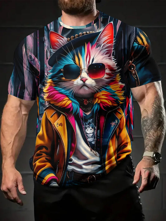 Men's Summer Fashion T-Shirt with Cool Cat 3D Print – Comfortable Polyester,Round Neck,Short Sleeves,Vibrant Casual Wear