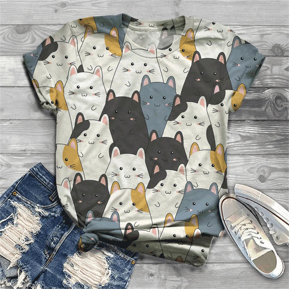 Cat Short Sleeve Cartoon Cat Women's T-Shirt Summer Fashion 3d Cartoon Women Clothing T Shirt For Women Daily Casual Top Tee