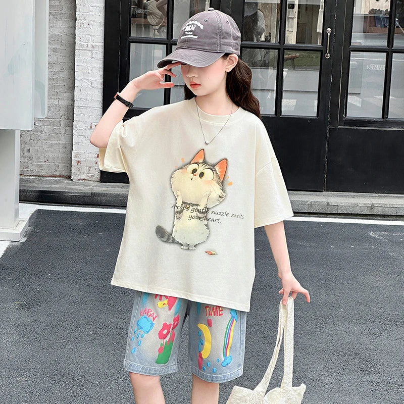 Kids Summer Cartoon Cat Print Tracksuit for Teenage Girl 5 6 7 8 9 10 11 12 13 14 Years Old Child Casual Top Bottom Clothes Set