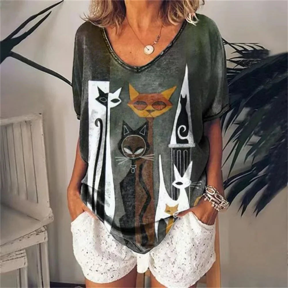 Cartoon Anime Cat Women's T-Shirts Fashion Top Tee 3d T-Shirt Harajuku Casual Short Sleeve V-Neck Oversized Female Clothing