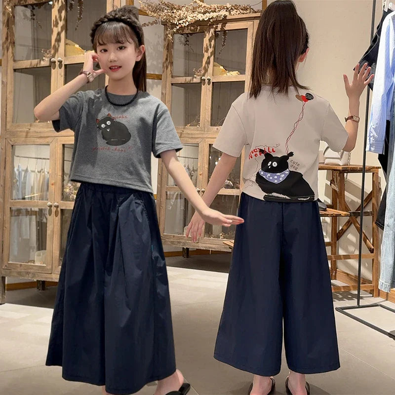 Girls Clothing Set Cartoon Cat Print T-shirt+Straight Through Pants 2Pcs Suit For 2-8 Years Kids Casual Outfit 2025 Summer New