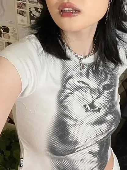 Pure Cotton Sexy Cat Printed Short-sleeved T-shirt for Women with Slim Slim Versatile Top
