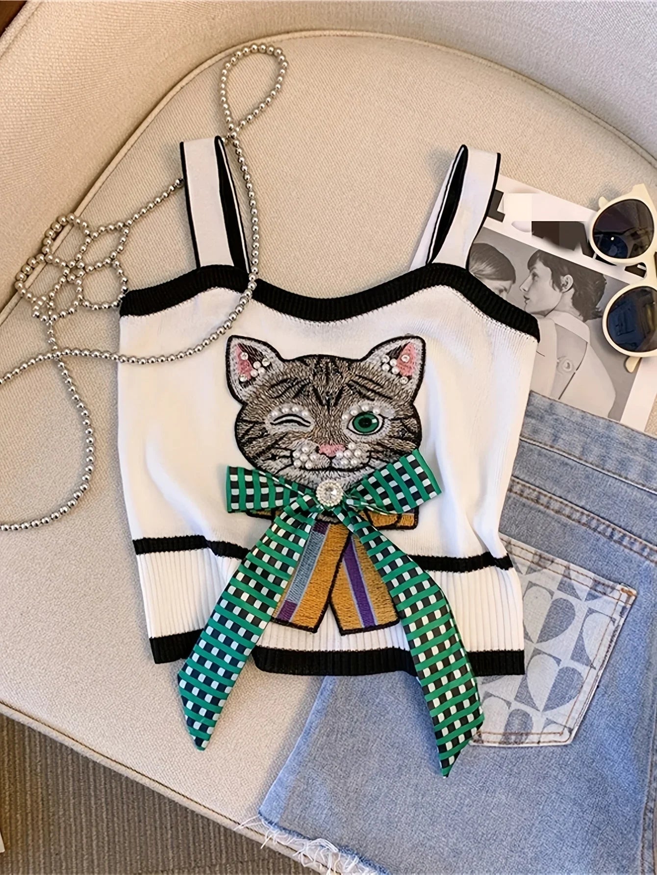 2026 Femali Cat Embroidered Knitted Cami Top Women Y2K Sleeveless Crop Top For Spring & Summer Women's Clothing