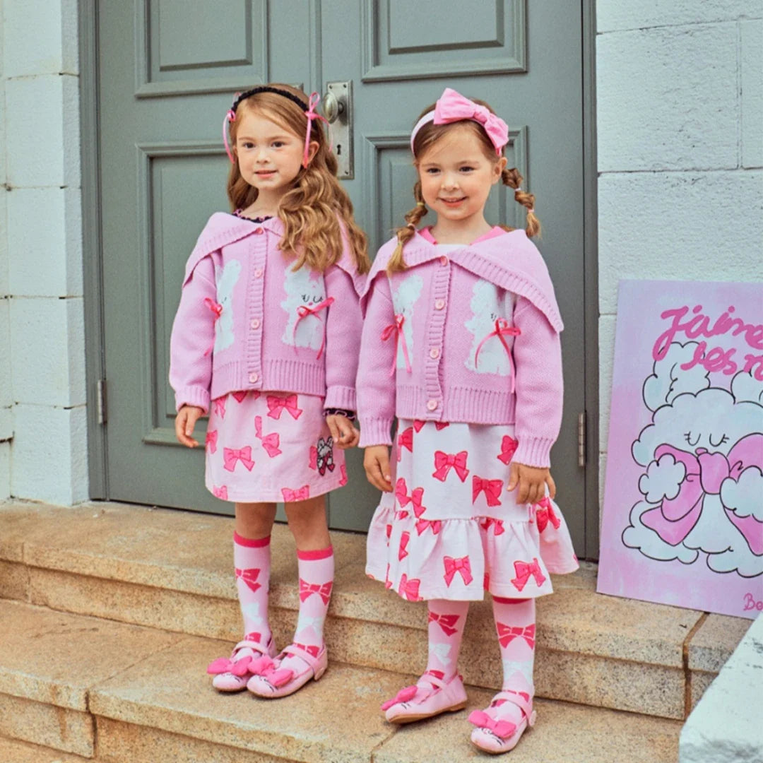 Children's Clothes 2025BE Knitwear Cardigan Skirts Baby Girls Autumn Winter Princess Bow Printed Dress Clothings KIDS AM Korean