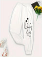 Elegant Cat Print Casual Versatile Women Pants Fashion Trendy Trousers With Drawstring Pockets Comfortable Sweatpants Female