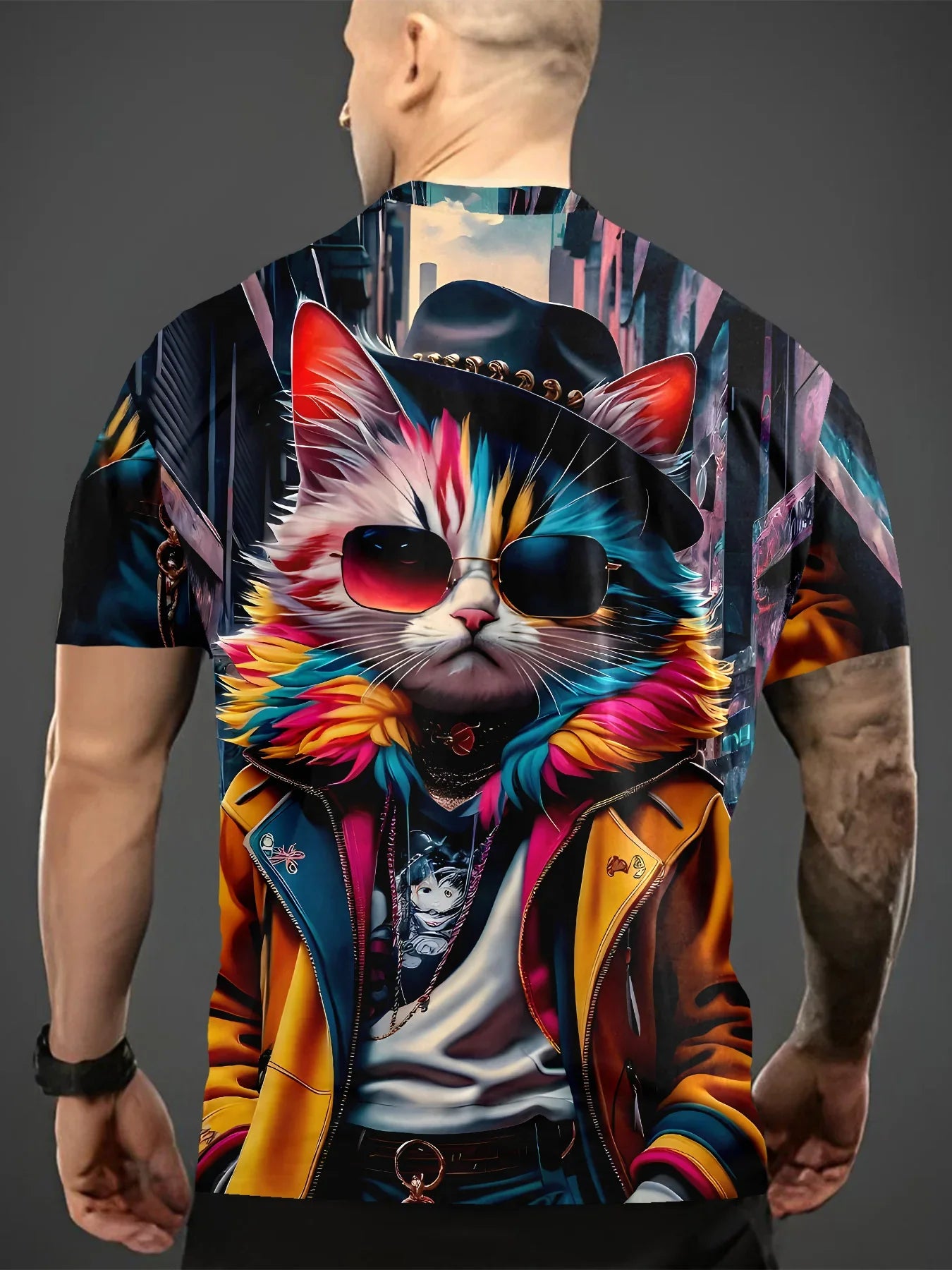 Men's Summer Fashion T-Shirt with Cool Cat 3D Print – Comfortable Polyester,Round Neck,Short Sleeves,Vibrant Casual Wear