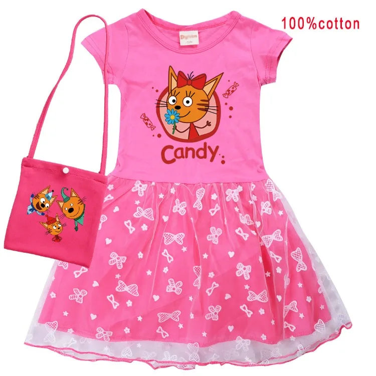 Kid-e-cats Clothes Kids Three Kitten Russian Cartoon Clothing Baby Girl Halloween Costume Dresses Children Princess Vestidos Bag