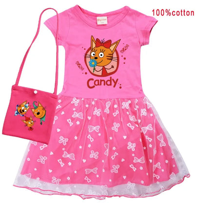 Kid-e-cats Clothes Kids Three Kitten Russian Cartoon Clothing Baby Girl Halloween Costume Dresses Children Princess Vestidos Bag