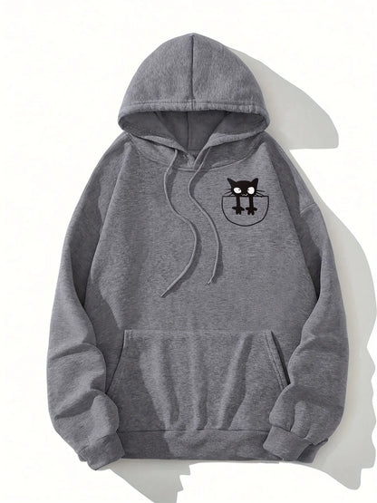 Women's casual hoodie sweatshirt with cute cat pattern print round neck long sleeves for autumn and winter warmth, regular style