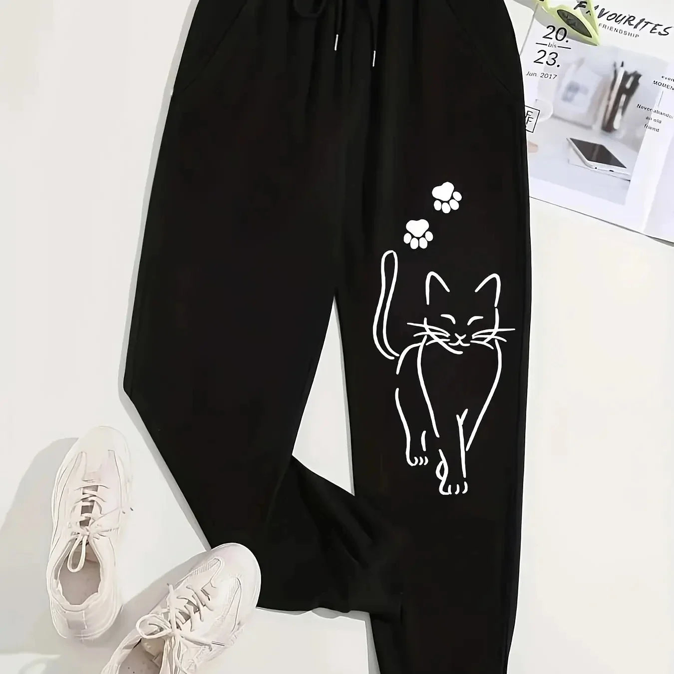 Elegant Cat Print Casual Versatile Women Pants Fashion Trendy Trousers With Drawstring Pockets Comfortable Sweatpants Female