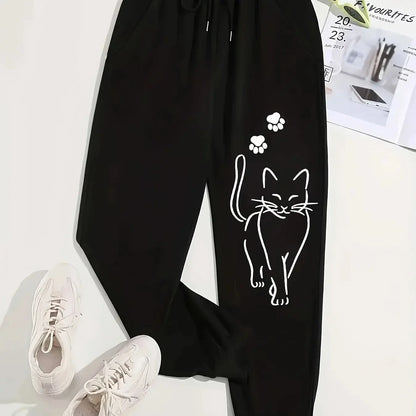 Elegant Cat Print Casual Versatile Women Pants Fashion Trendy Trousers With Drawstring Pockets Comfortable Sweatpants Female