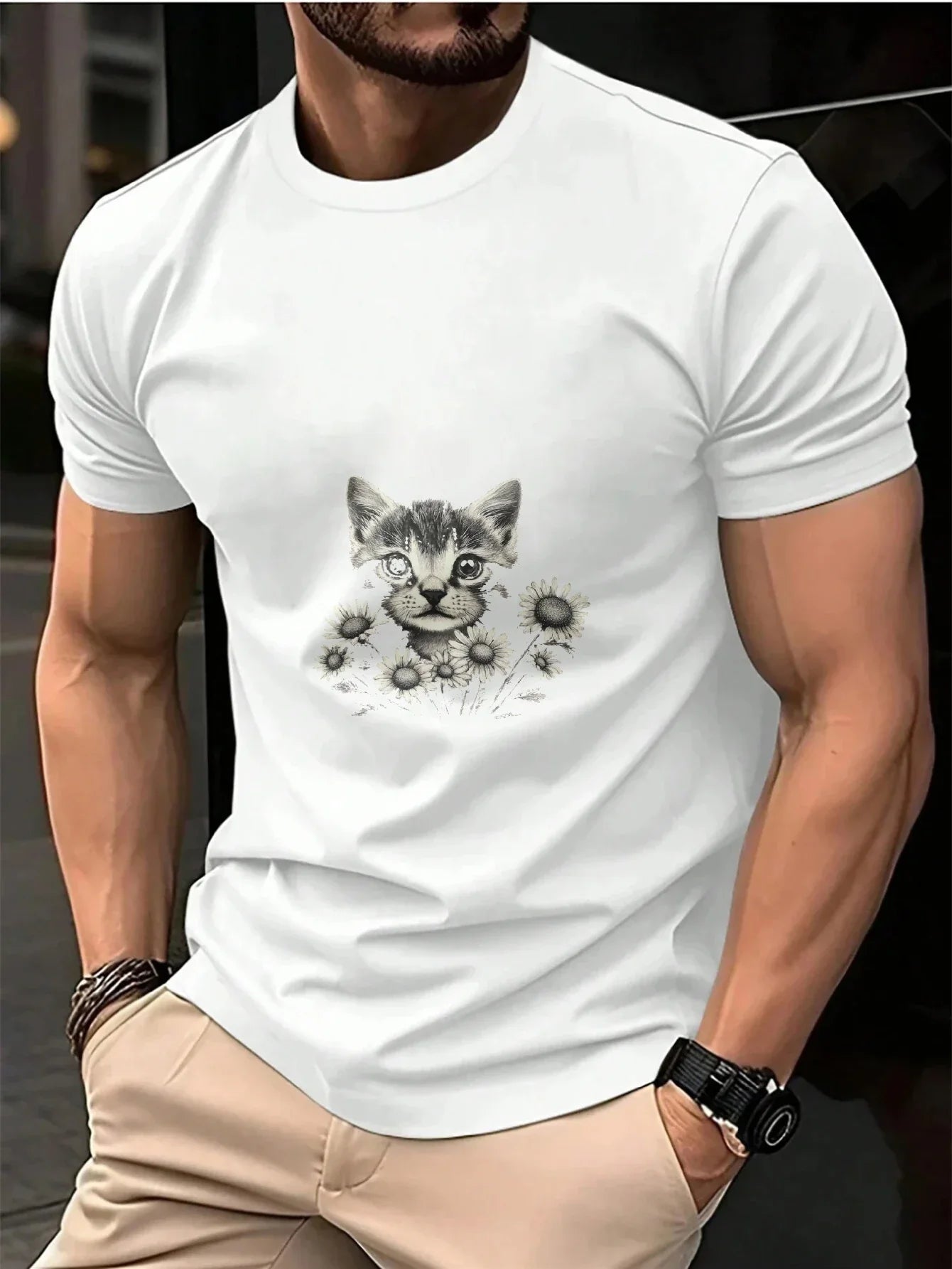 Men's T-Shirt Black Cat with Flowers and Rage Consumes Me Print High Quality Cotton 180g
