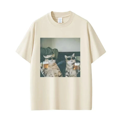 Fun cat beer T-shirt for men 100% cotton casual T-shirt retro short-sleeved fashionable round-neck T-shirt