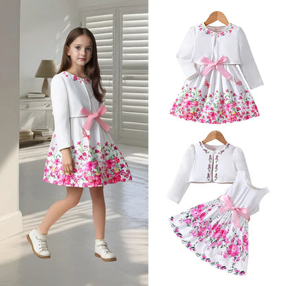 Kids Casual Clothing Sets Outfits for Girls Spring Summer Toddler Floral Print Long Sleeve Coat Tank Dress Children 2 3 4 5 6 7