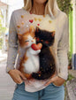 Women's Cute Cat Long Sleeves T-Shirt Round Neck Long Sleeved Autumn Animal Clothing Holiday Gift Clothing Fashion Party T-Shirt