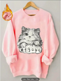 Womens Light Grey Sweatshirt Winking Cat Graphic Print Fleece Lined Casual Oversized Pullover Top for Cat Lovers Pure Cotton
