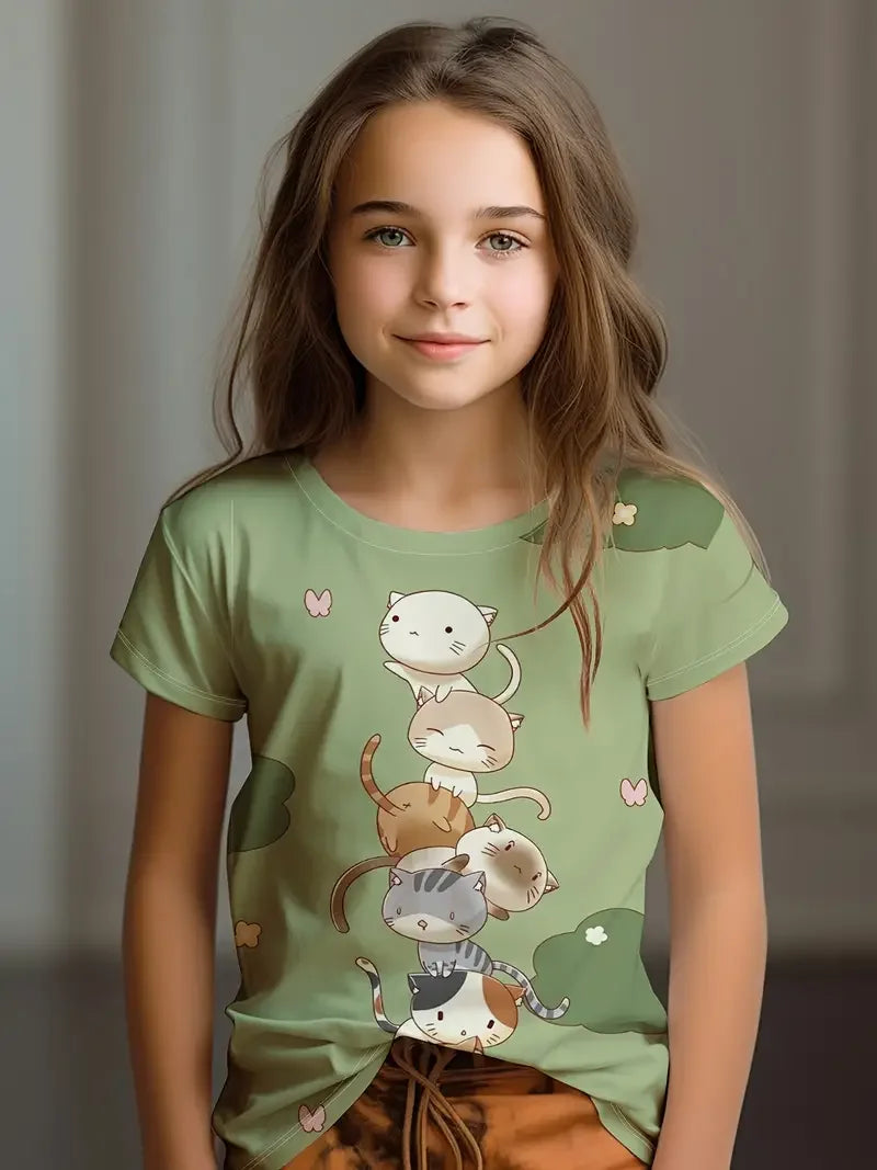 Kids Clothes Children's T-Shirt Girl Short Sleeve Top Cartoon Cat Kawaii Girls Summer Clothes Child T-Shirt  Children's Clothing
