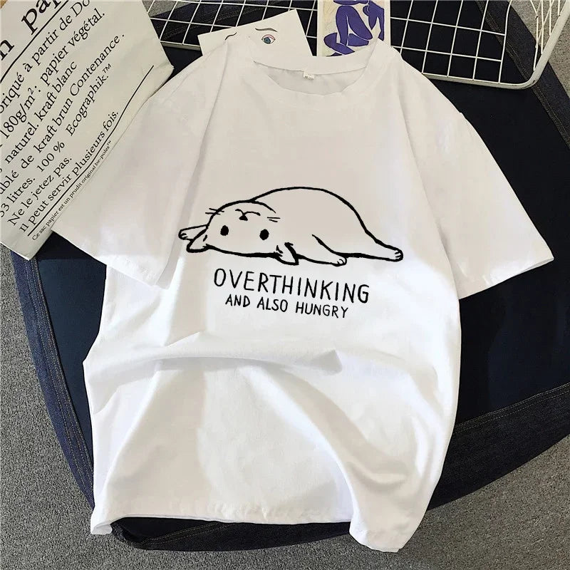 Women T Shirt Cartoon Cat Group Printed T-Shirt Casual Short Sleeve Couples T-Shirt Funny Cat Streetwear Large-sized T-shirt