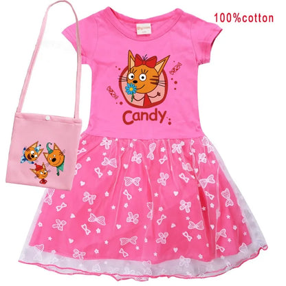 Kid-e-cats Clothes Kids Three Kitten Russian Cartoon Clothing Baby Girl Halloween Costume Dresses Children Princess Vestidos Bag