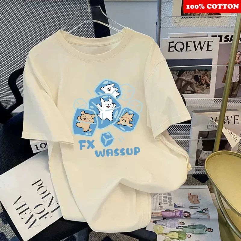 Korean Cute Cat Print T-shirt Women Summer 2025 New Round neck Short Sleeve T-shirt Loose Casual Y2k Tops kawaii Female clothing