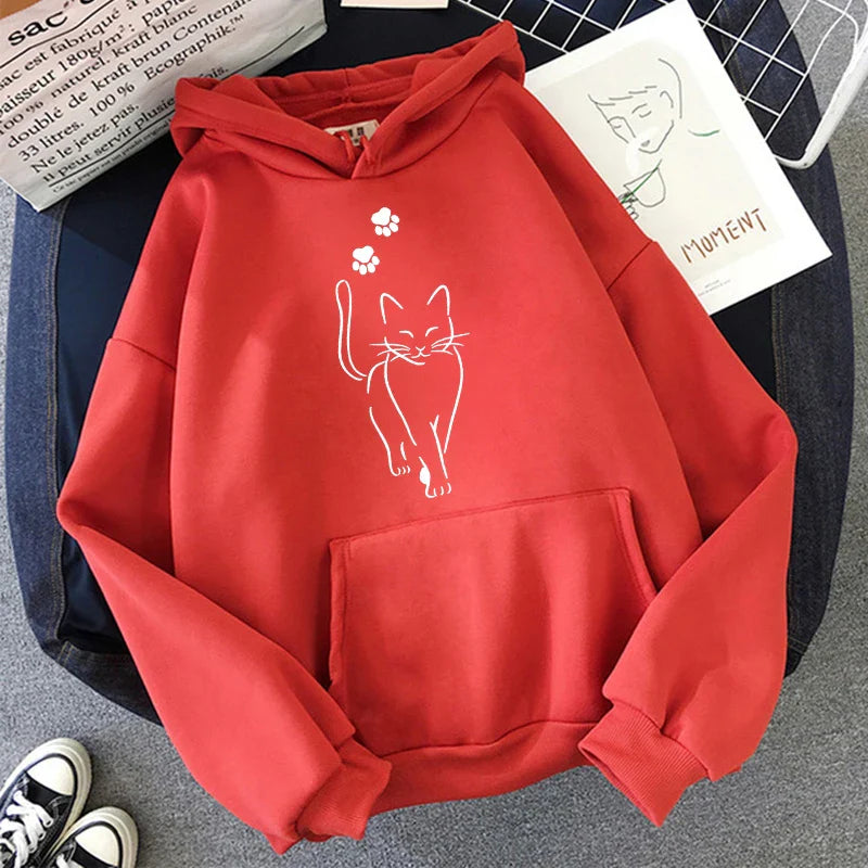 Whimsical Cat Print Sweatshirts Cat Women Kawaii Kangaroo Pocket Hoodies Girl Casual Pullovers Female Animal Hooded 90s Clothing