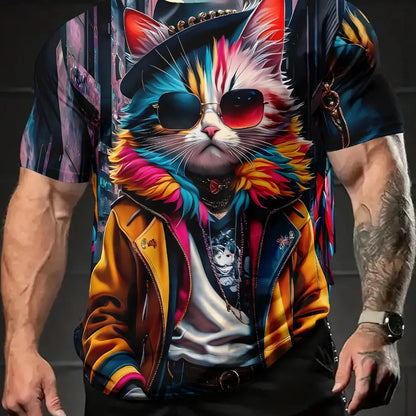 Men's Summer Fashion T-Shirt with Cool Cat 3D Print – Comfortable Polyester,Round Neck,Short Sleeves,Vibrant Casual Wear