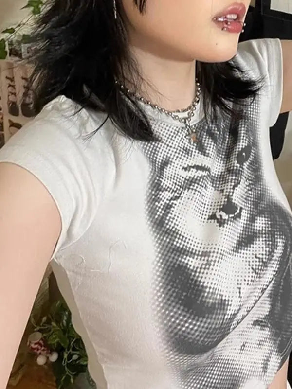 Pure Cotton Sexy Cat Printed Short-sleeved T-shirt for Women with Slim Slim Versatile Top