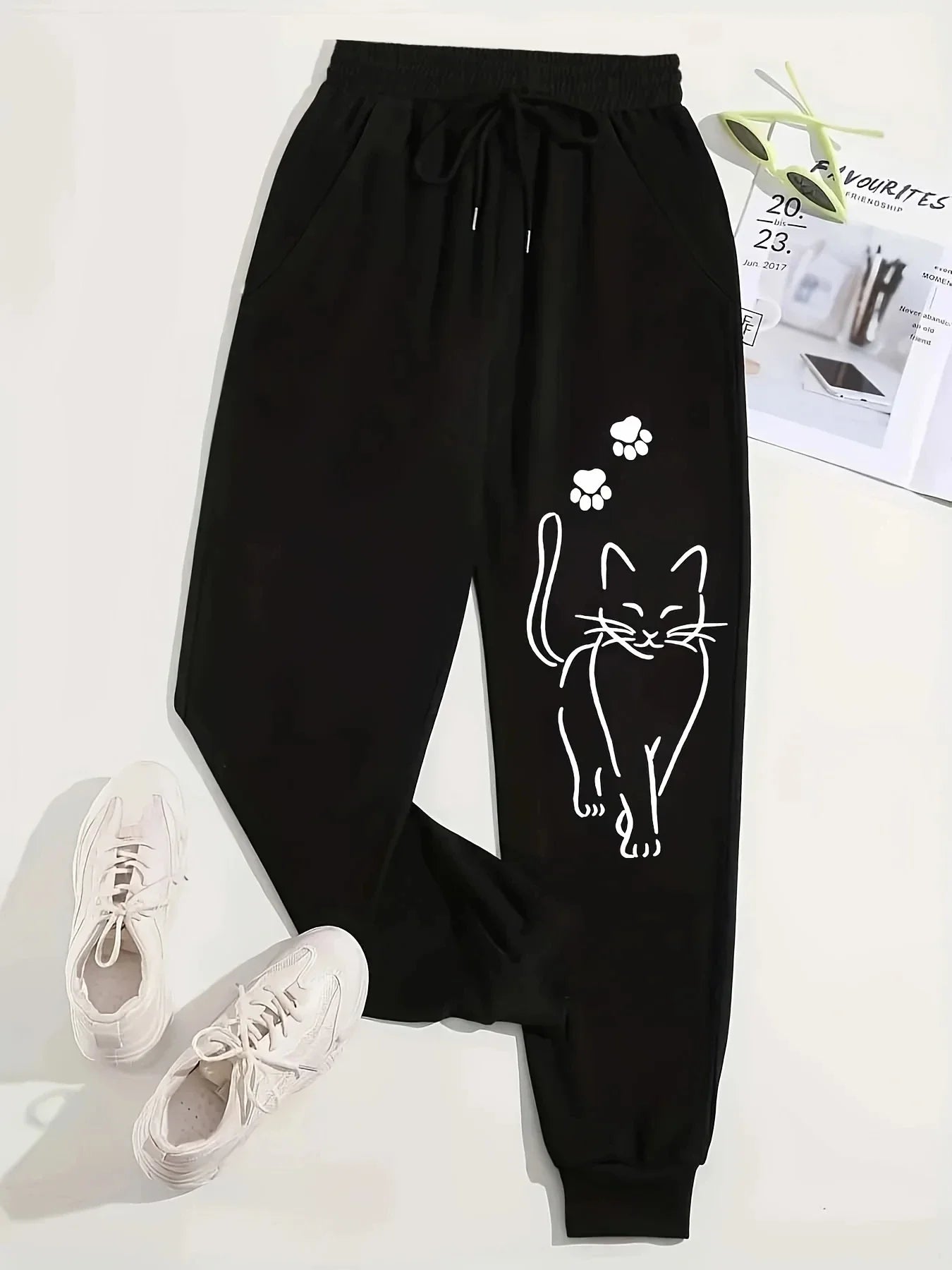 Elegant Cat Print Casual Versatile Women Pants Fashion Trendy Trousers With Drawstring Pockets Comfortable Sweatpants Female
