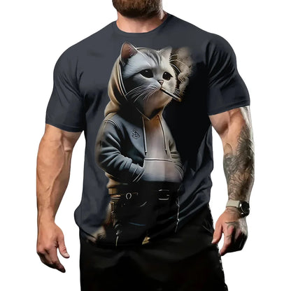 Men's T-Shirt Funny Cat Pattern Cool Printed Men's Short Sleeve Fashion O-Neck T-Shirt Outdoor Casual Lightweight Men's Clothing