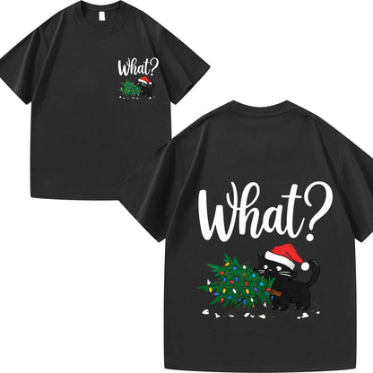 Men's T-Shirt Black Cat with Christmas Tree & What? Print Xmas Party Gift Idea Festive Season Top