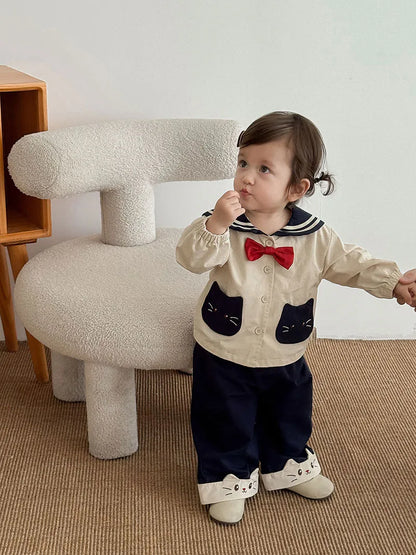 MILANCEL New Autumn Kids Clothes 9M-5T Sweet Cartoon Cat Girls Navy Style Coat +Wide Leg Pants Loose Korean Children Outfit 2PCS