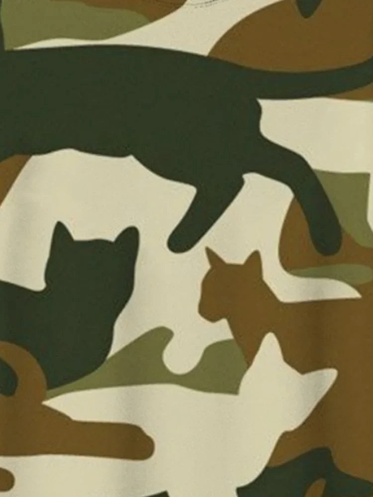 Men's Camo Cat Art Print T-Shirt Fashion Streetwear Short Sleeve Tees Summer 2025 Harajuku Oversized Crew Neck Tops Tunics