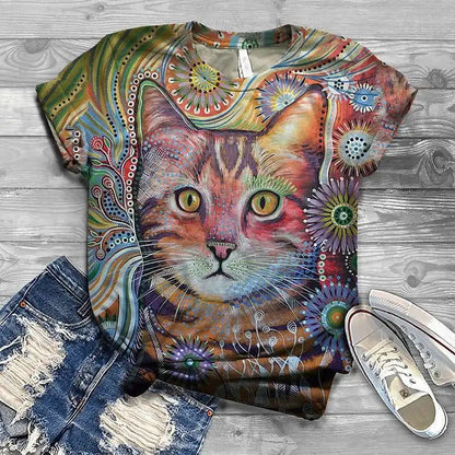 Cat Short Sleeve Cartoon Cat Women's T-Shirt Summer Fashion 3d Cartoon Women Clothing T Shirt For Women Daily Casual Top Tee