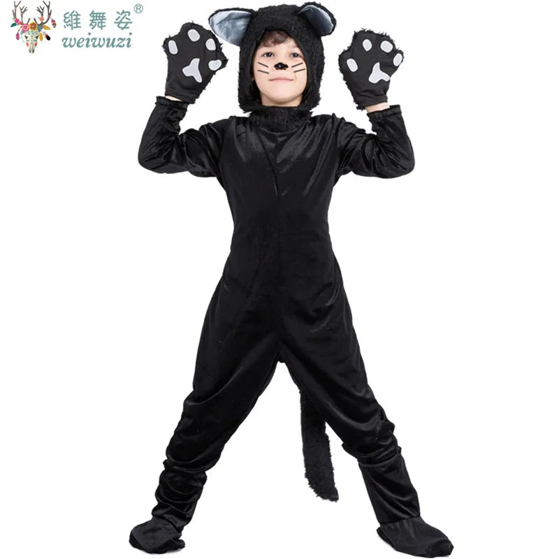 Children's Day Black Cat Cosplay Kids Costume Cute Kitten Animal Onesie Gloves Hat Suit Suitable for Stage Show Halloween Party