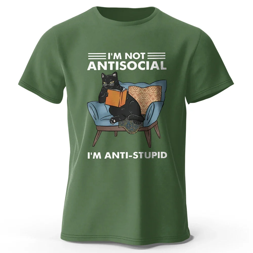 Men's I Am Not Anti Social Printed T-Shirt 100% Cotton Oversized Funny Cat Graphic Tees for Men Women Summer Tops