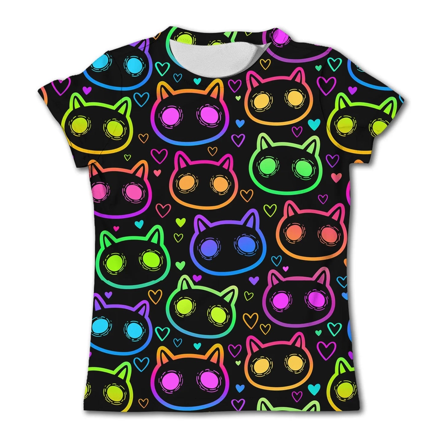Kids' Fun Cat Graffiti Graphic T-shirt Summer Casual Short Sleeve Girl Loose T shirts 3-12Y Boys 3D Printed Clothing Cartoon Top