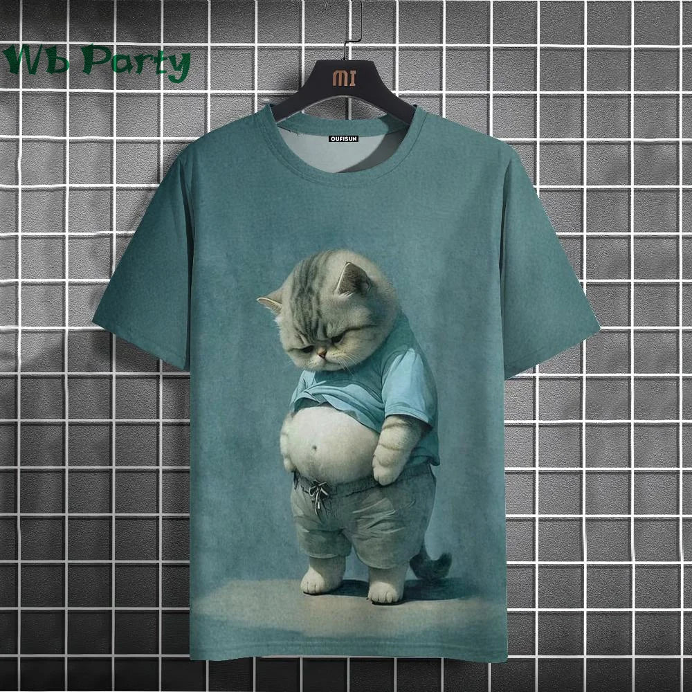 Cat Print T-shirts for Men Casual Short Sleeved Tee Oversized Mens Clothing Men's Funny T-shirt Animal Print Graphic T shirts