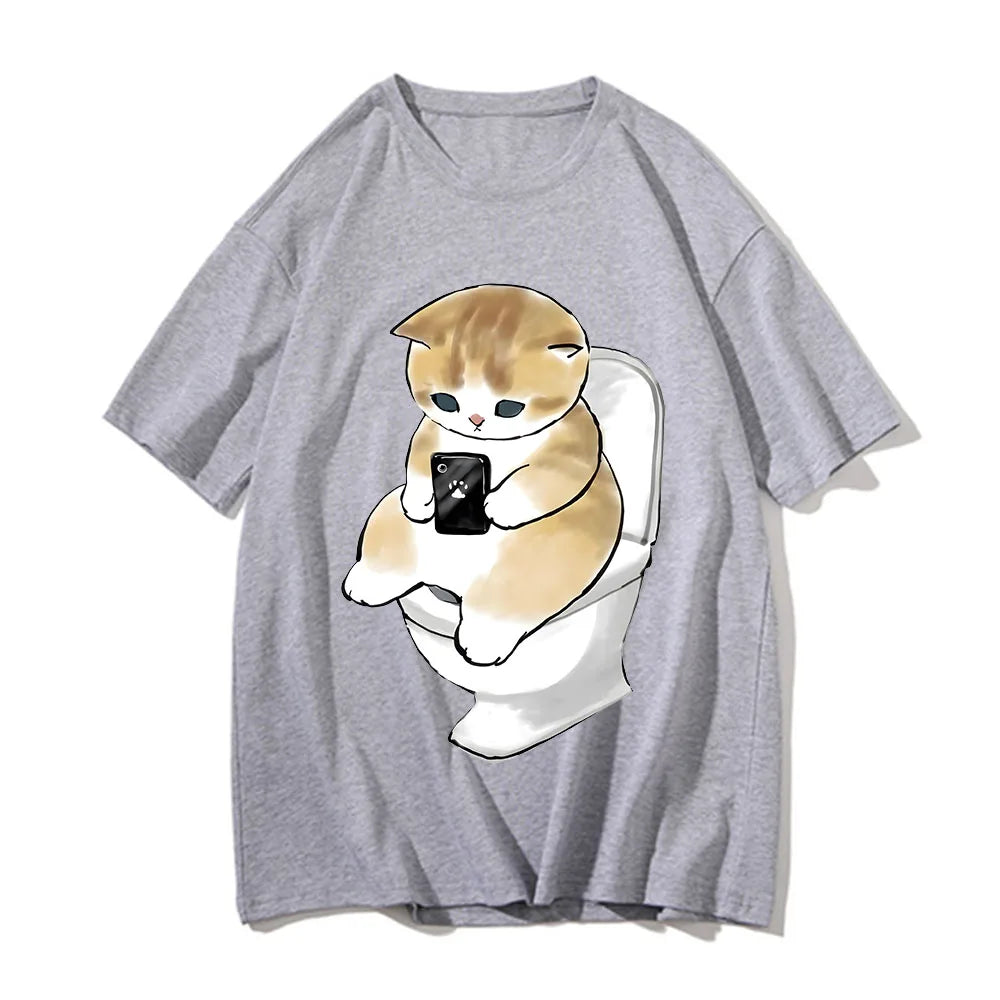 Cute Kitten Cat Play Games Print Avant-garde Fashion Trend Loose Cotton Round Neck Short Sleeve Men's T-shirt Korean Clothing